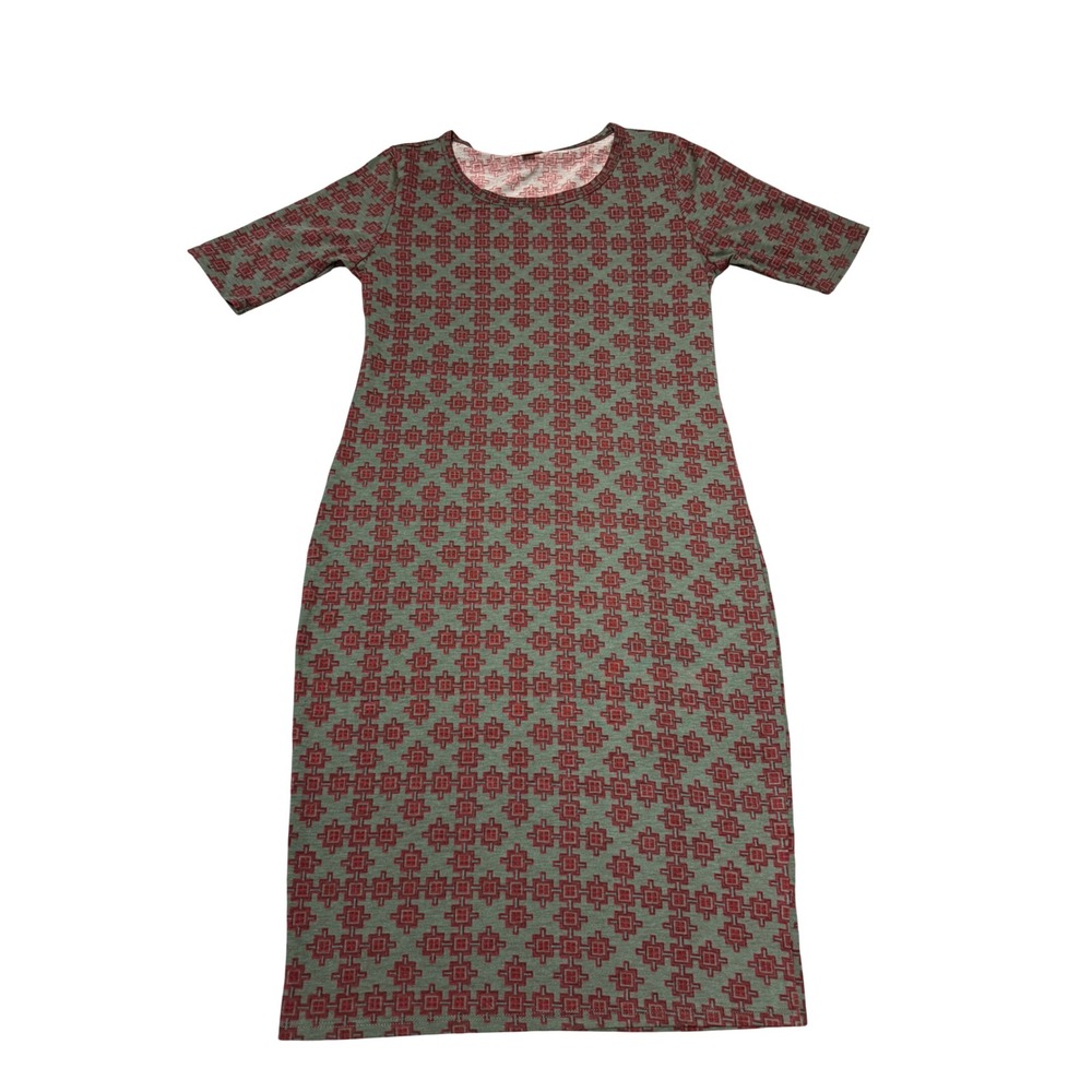 LuLaRoe Julia Dress Womens Medium Green Red Geometric Sheath Midi Short Sleeve